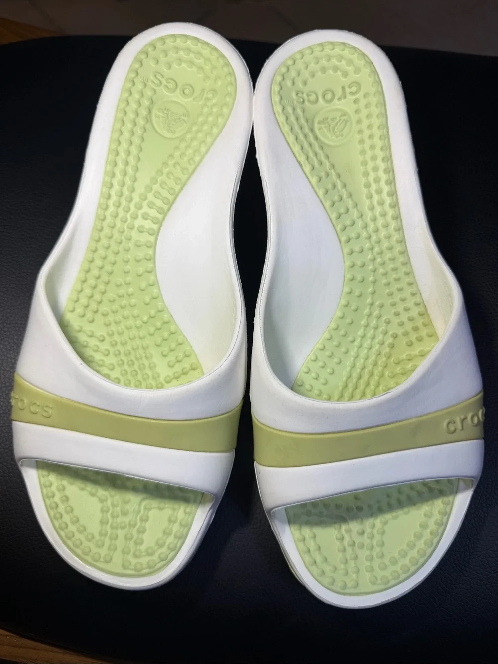 Crocs Lime green White Rubber Slide Sandals Wedge Heel Open Toe Womens Size 7